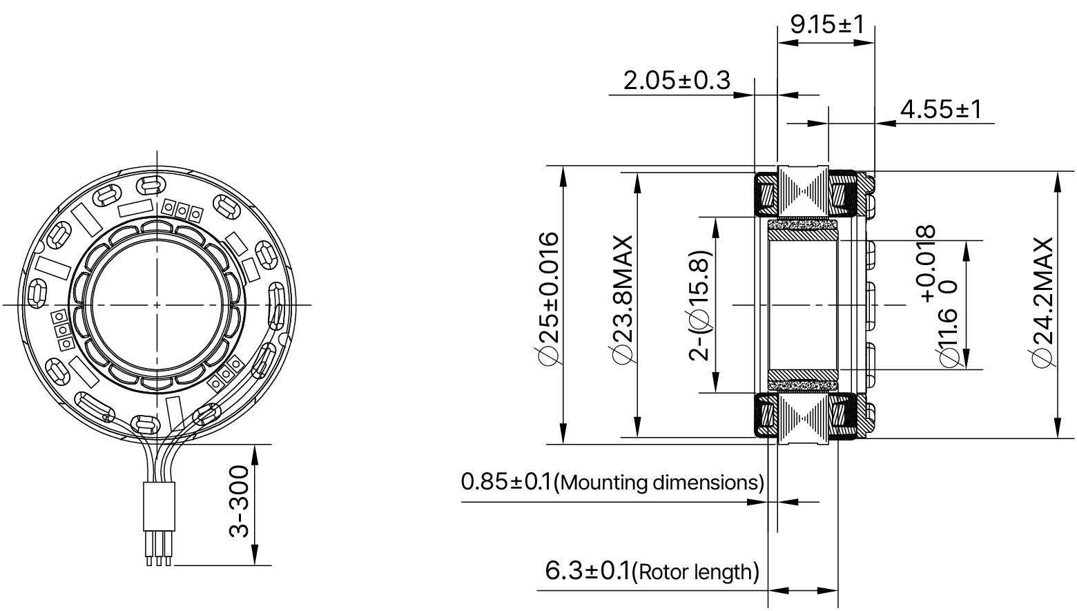 Frameless Motor Size 25mm Dimensional Drawing